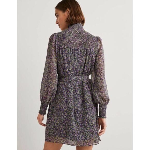 BODEN Smocked Yoke Floral Metallic Tie Waist Long Sleeve Mock Neck Dress 8 - Picture 3 of 16